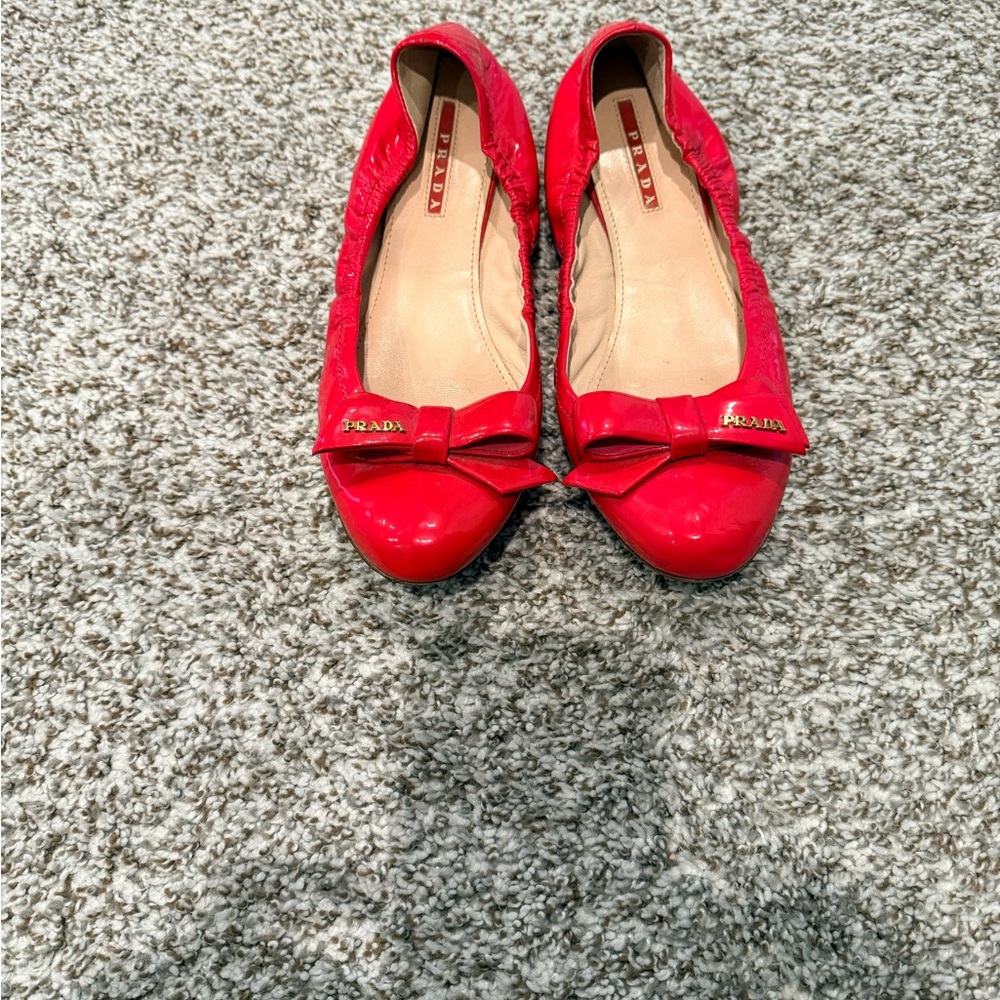 Prada Women's Vibrant Red Flats with Bow